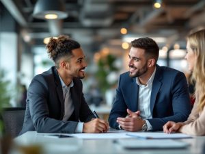 Oameni de afaceri discutând într-un mediu modern.