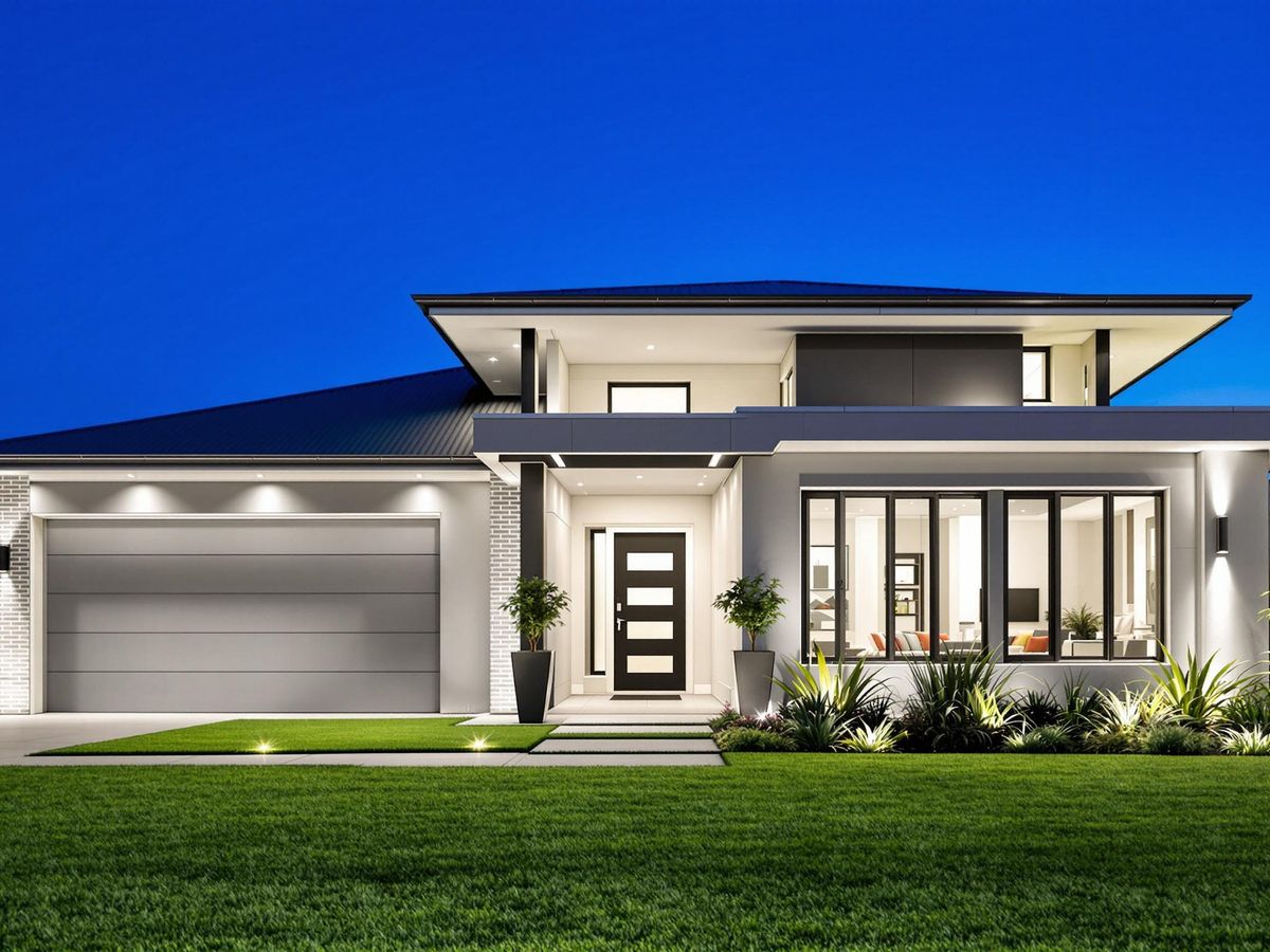 Casă modernă cu arhitectură contemporană și peisaj vibrant.