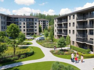 Proiecte rezidențiale moderne în România, cu clădiri și spații verzi.