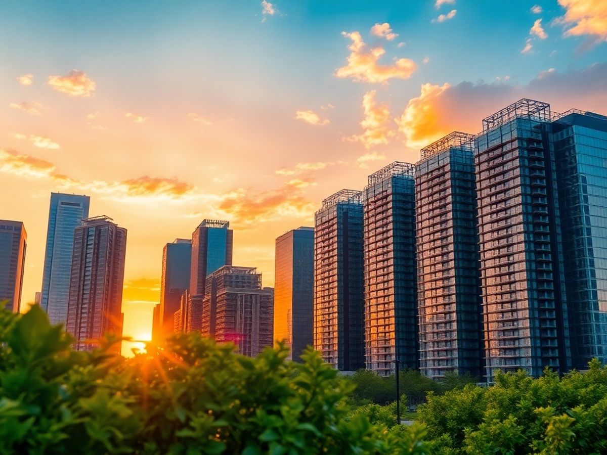 Skyline urban modern cu clădiri și vegetație.