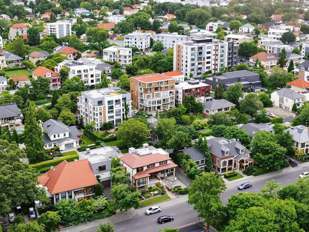 Peisaj urban cu diverse proprietăți imobiliare moderne.