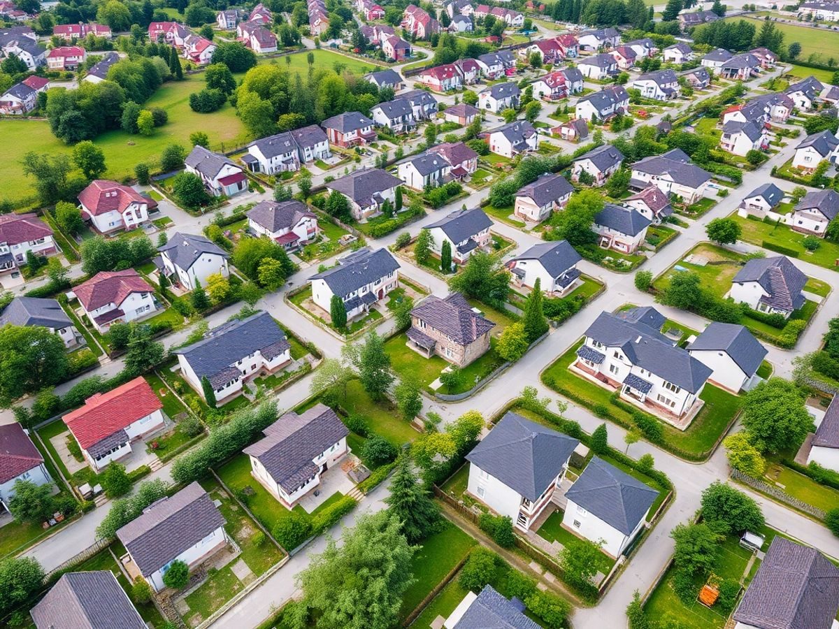 Vedere aeriană a unor case moderne din România.