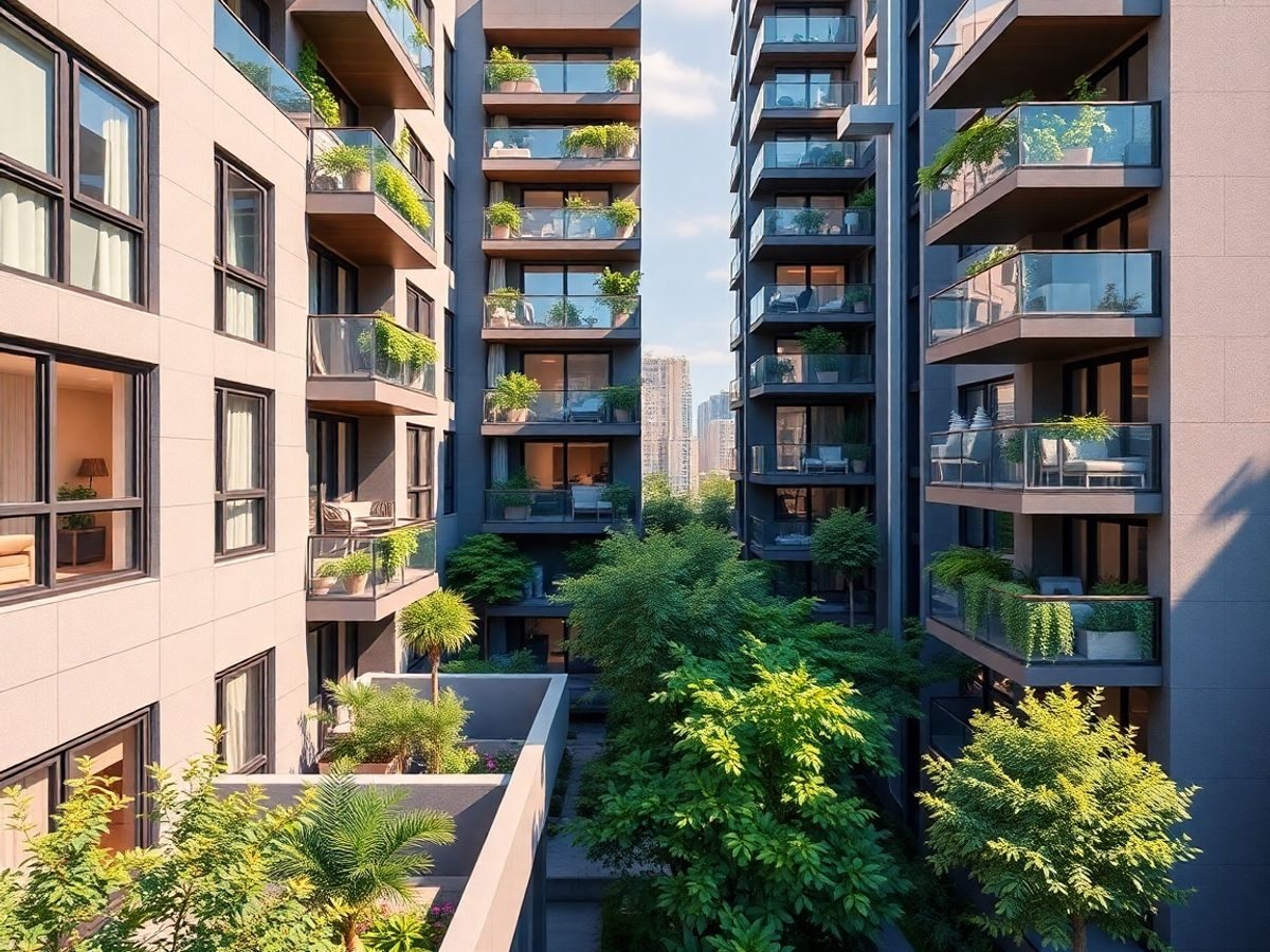 Apartamente moderne cu arhitectură elegantă și balcoane verzi.