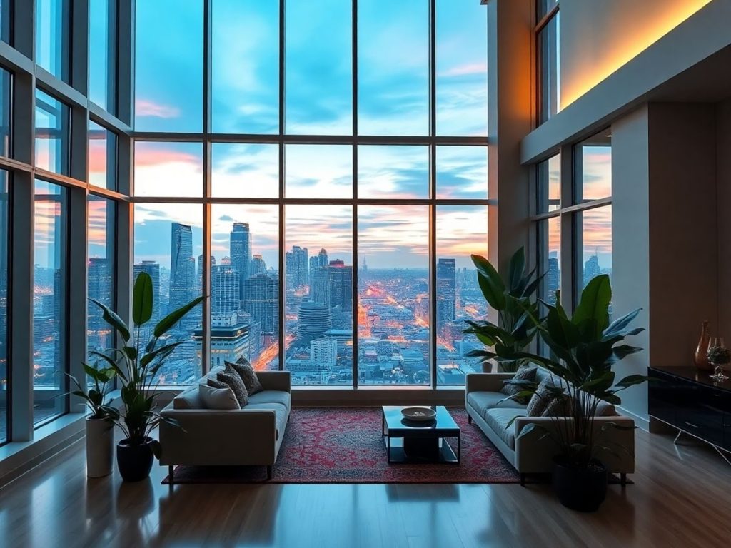 Imobil modern, luminos, cu vedere panoramică oraș.