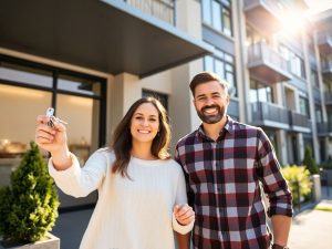 Cuplu fericit cumpărând un apartament.