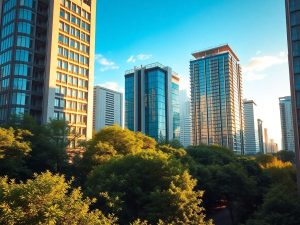 Clădiri moderne și palmier, simbol al prosperității.