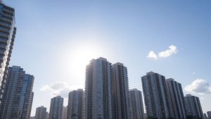 Peisaj urban cu clădiri rezidențiale moderne sub cer senin.