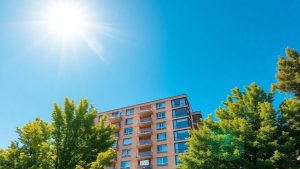 Clădire de apartamente modernă sub cerul senin.