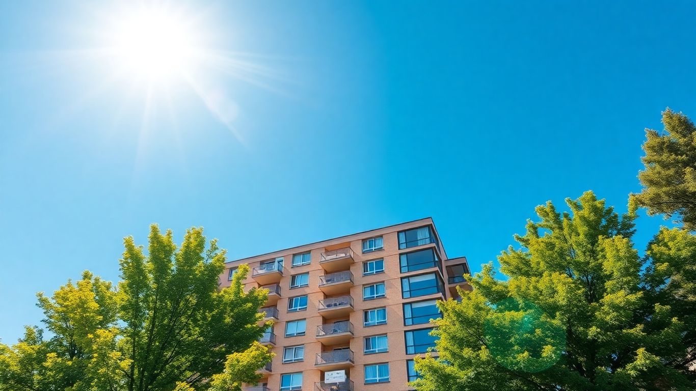 Clădire de apartamente modernă sub cerul senin.