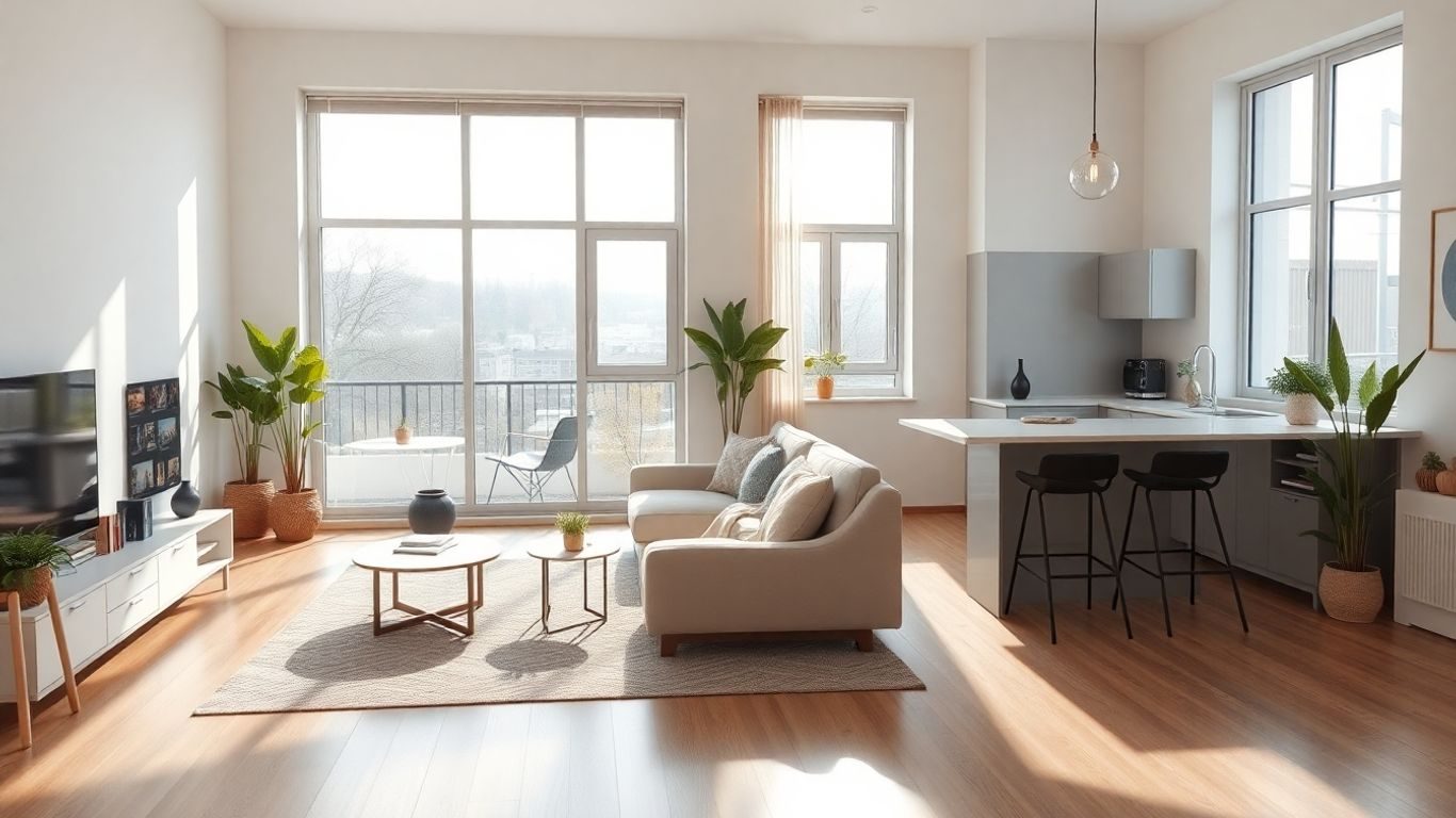 Apartament modern cu două camere, lumină naturală abundentă.