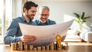 Cuplu fericit alege o casă cu cheie aurie și bani.